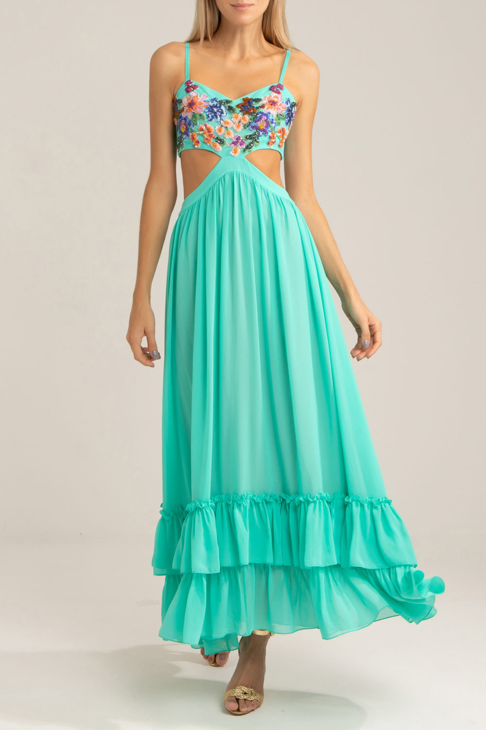 Vestido longo bordado chiffon blooming  azul