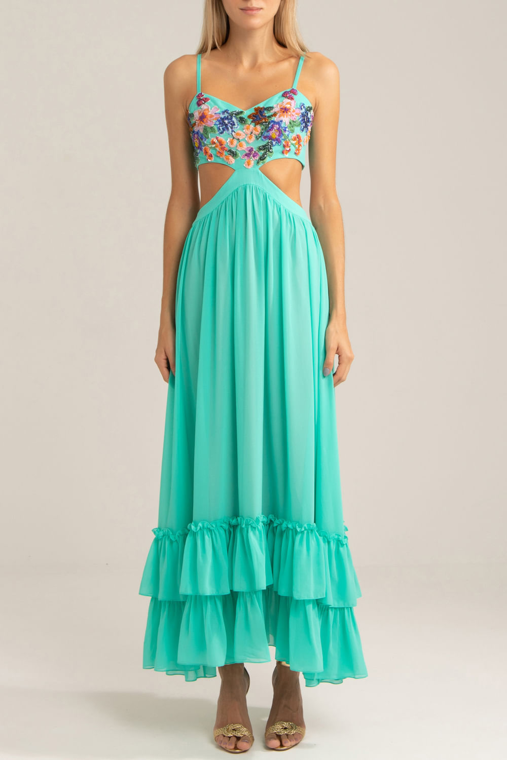 Vestido longo bordado chiffon blooming  azul