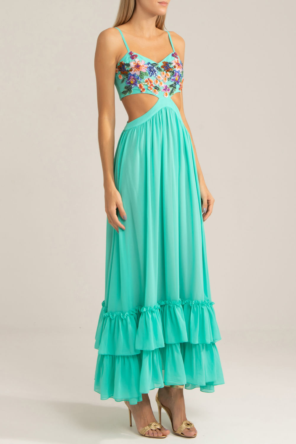 Vestido longo bordado chiffon blooming  azul
