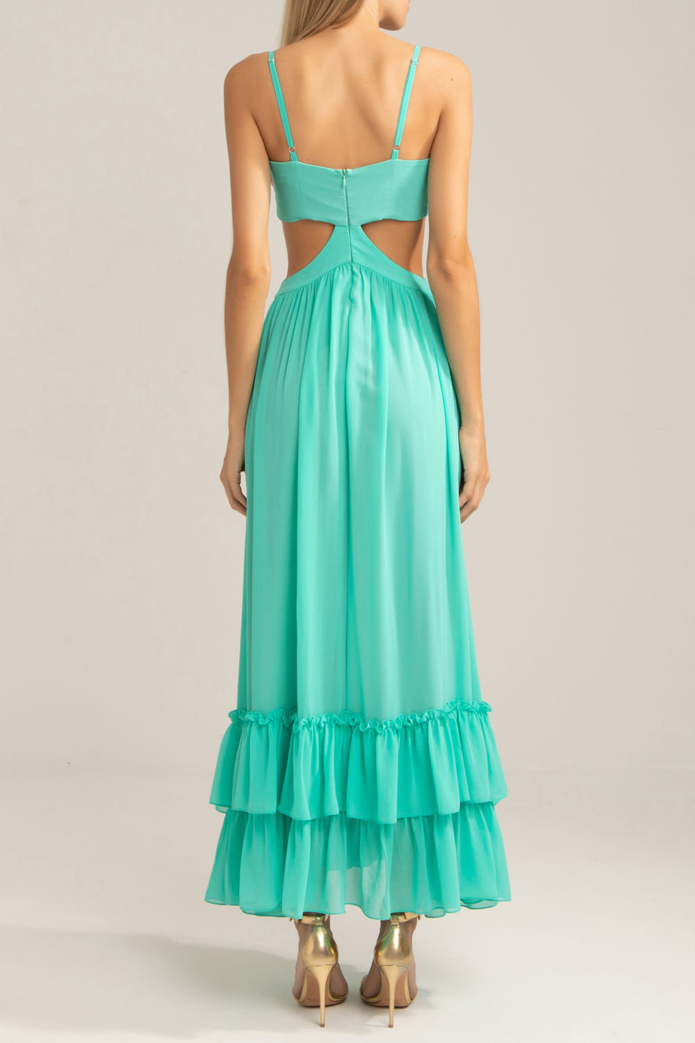 Vestido longo bordado chiffon blooming  azul
