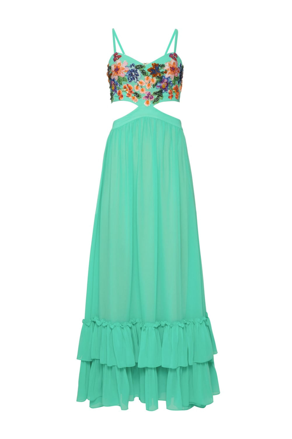 Vestido longo bordado chiffon blooming  azul