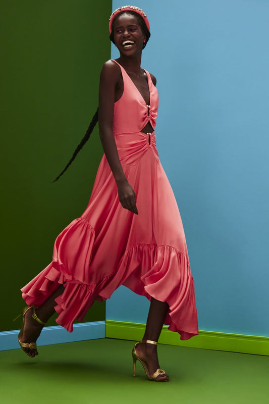 VESTIDO LONGO ASSIMÉTRICO CETIM SLIP CORAL