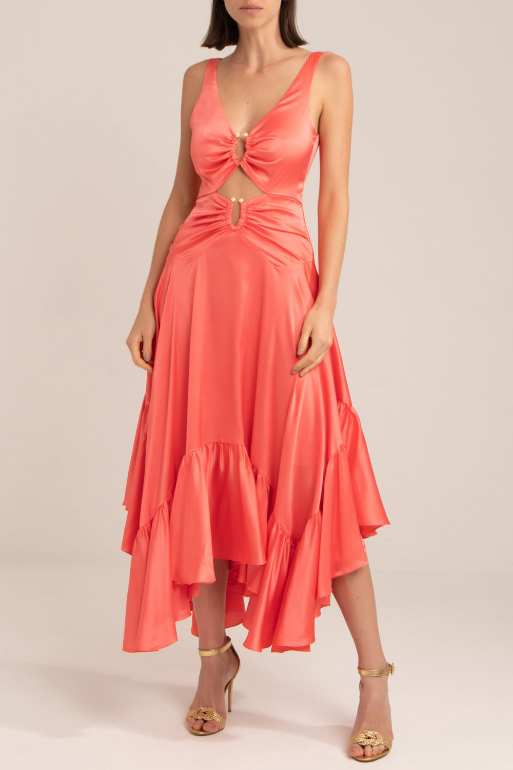 VESTIDO LONGO ASSIMÉTRICO CETIM SLIP CORAL