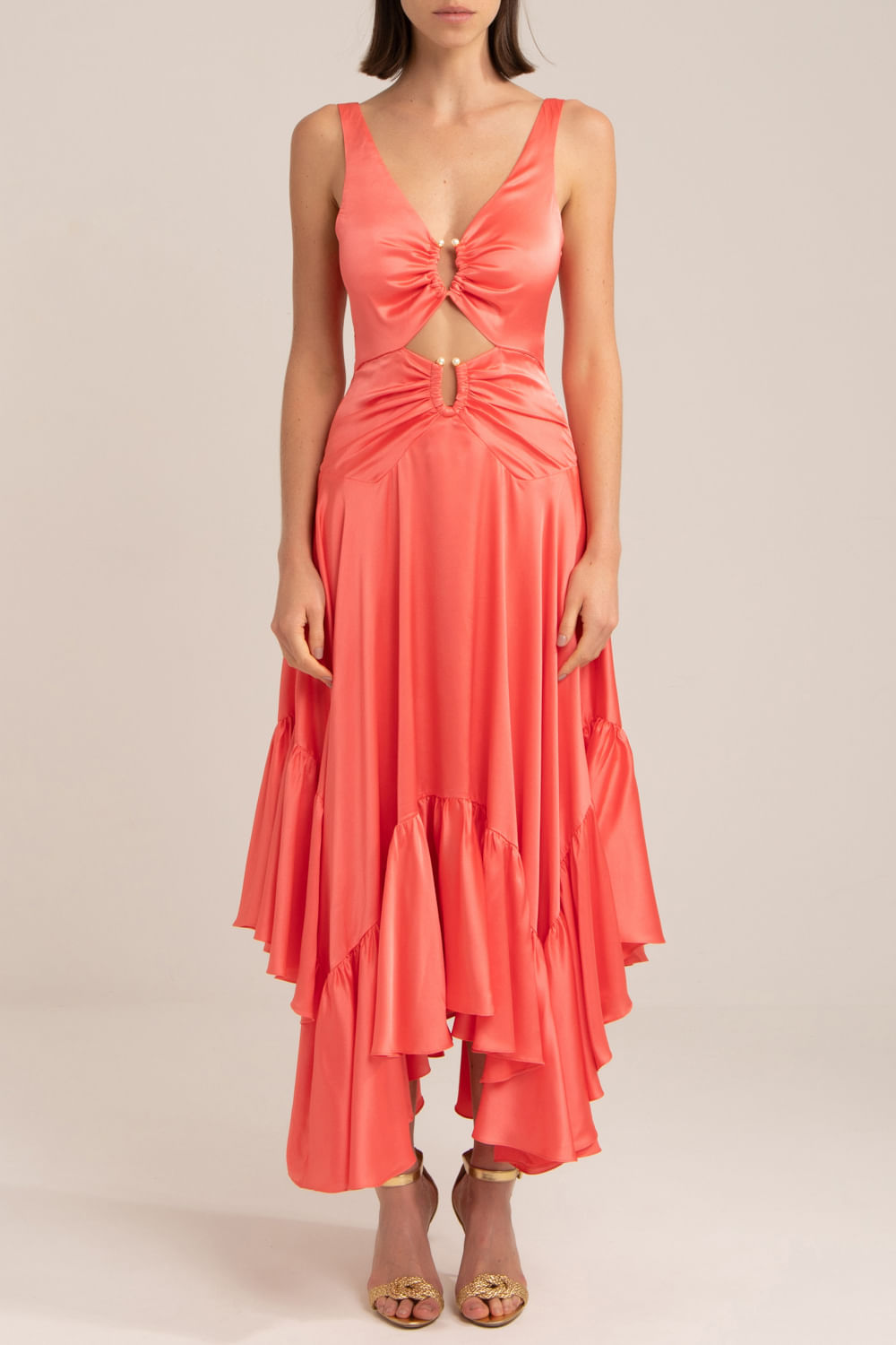 VESTIDO LONGO ASSIMÉTRICO CETIM SLIP CORAL