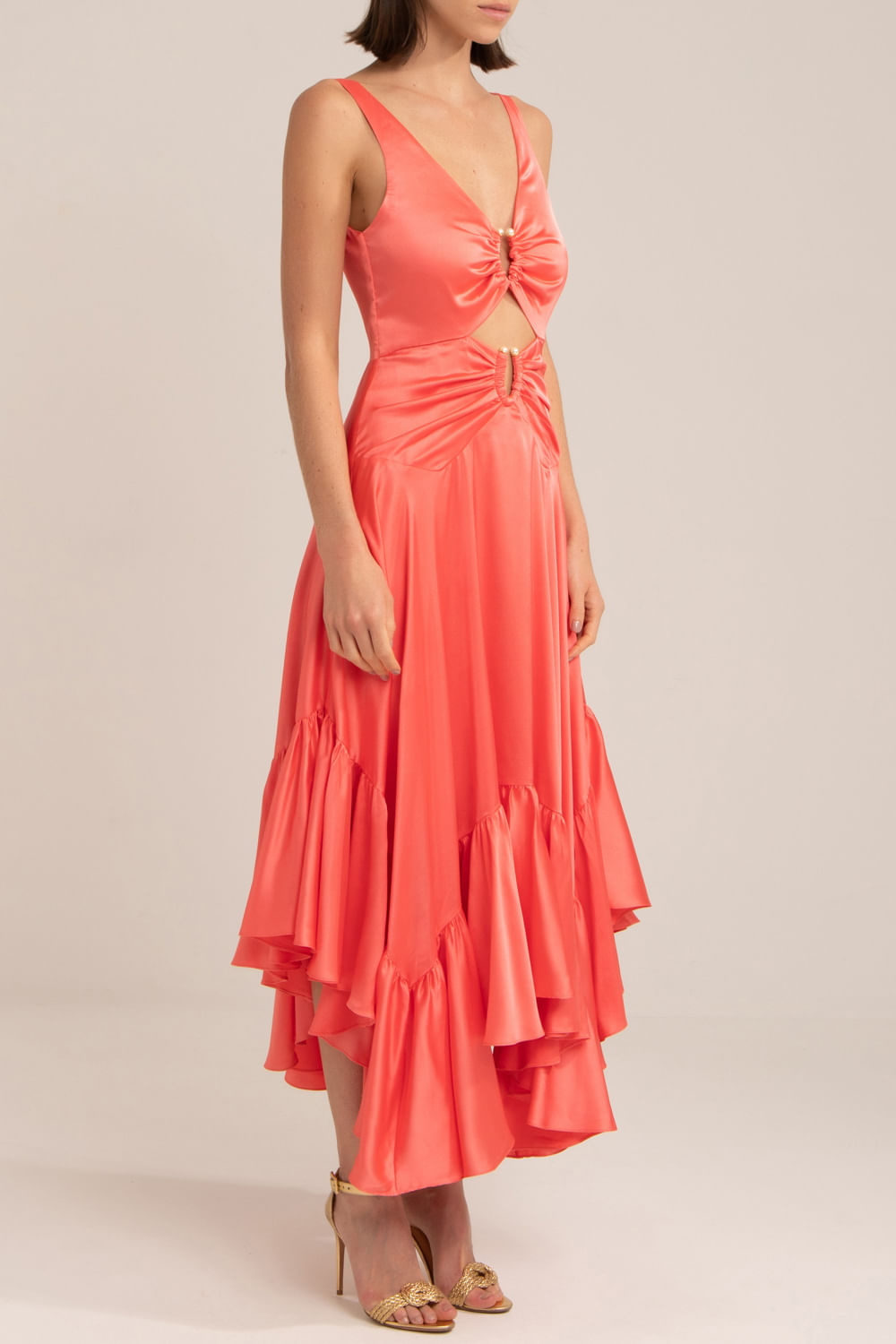 VESTIDO LONGO ASSIMÉTRICO CETIM SLIP CORAL