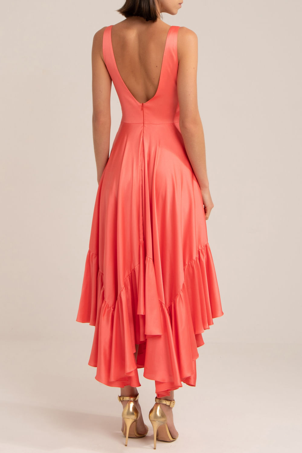 VESTIDO LONGO ASSIMÉTRICO CETIM SLIP CORAL