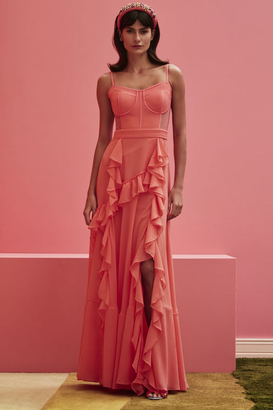 VESTIDO LONGO CORSET CHIFFON BLOOMING CORAL