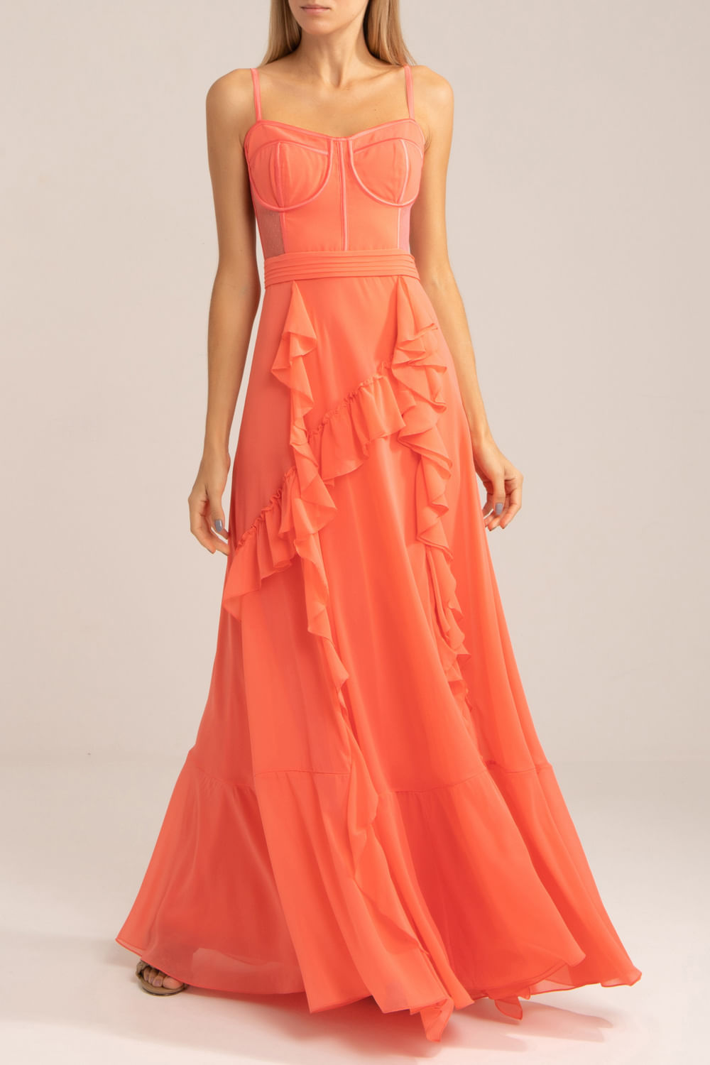 VESTIDO LONGO CORSET CHIFFON BLOOMING CORAL