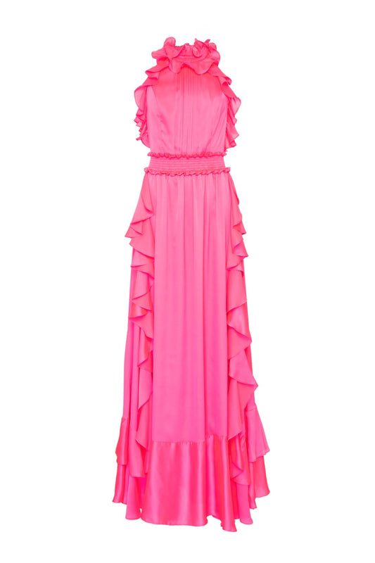 VESTIDO LONGO BABADO CETIM SLIP PINK