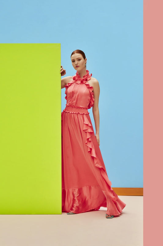 VESTIDO LONGO BABADO CETIM SLIP CORAL