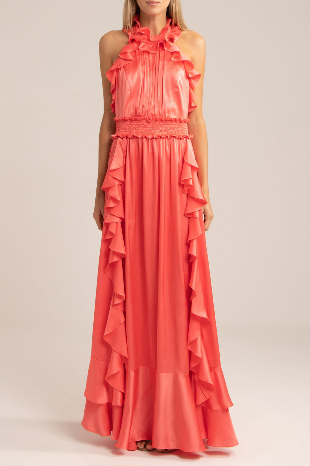 VESTIDO LONGO BABADO CETIM SLIP CORAL