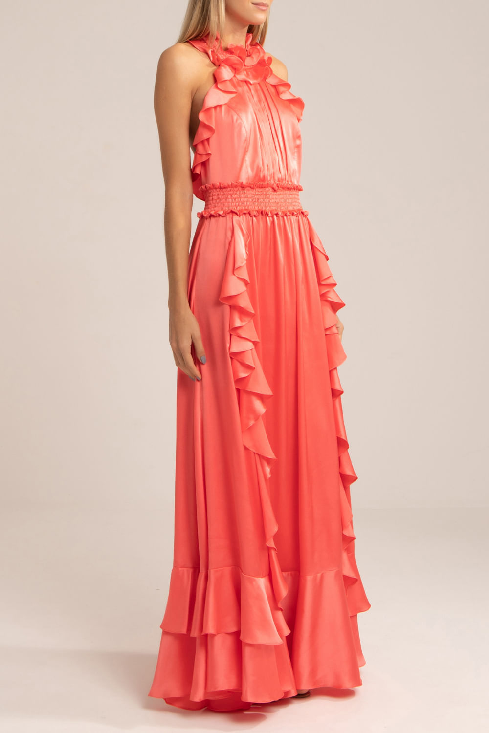 VESTIDO LONGO BABADO CETIM SLIP CORAL