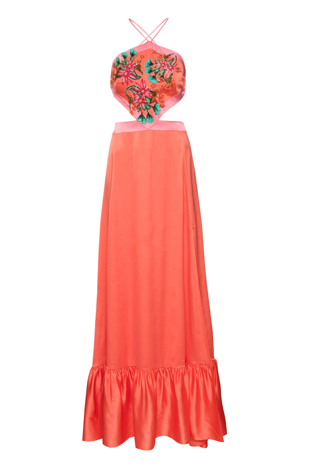 VESTIDO LONGO BORDADO CETIM SLIP CORAL