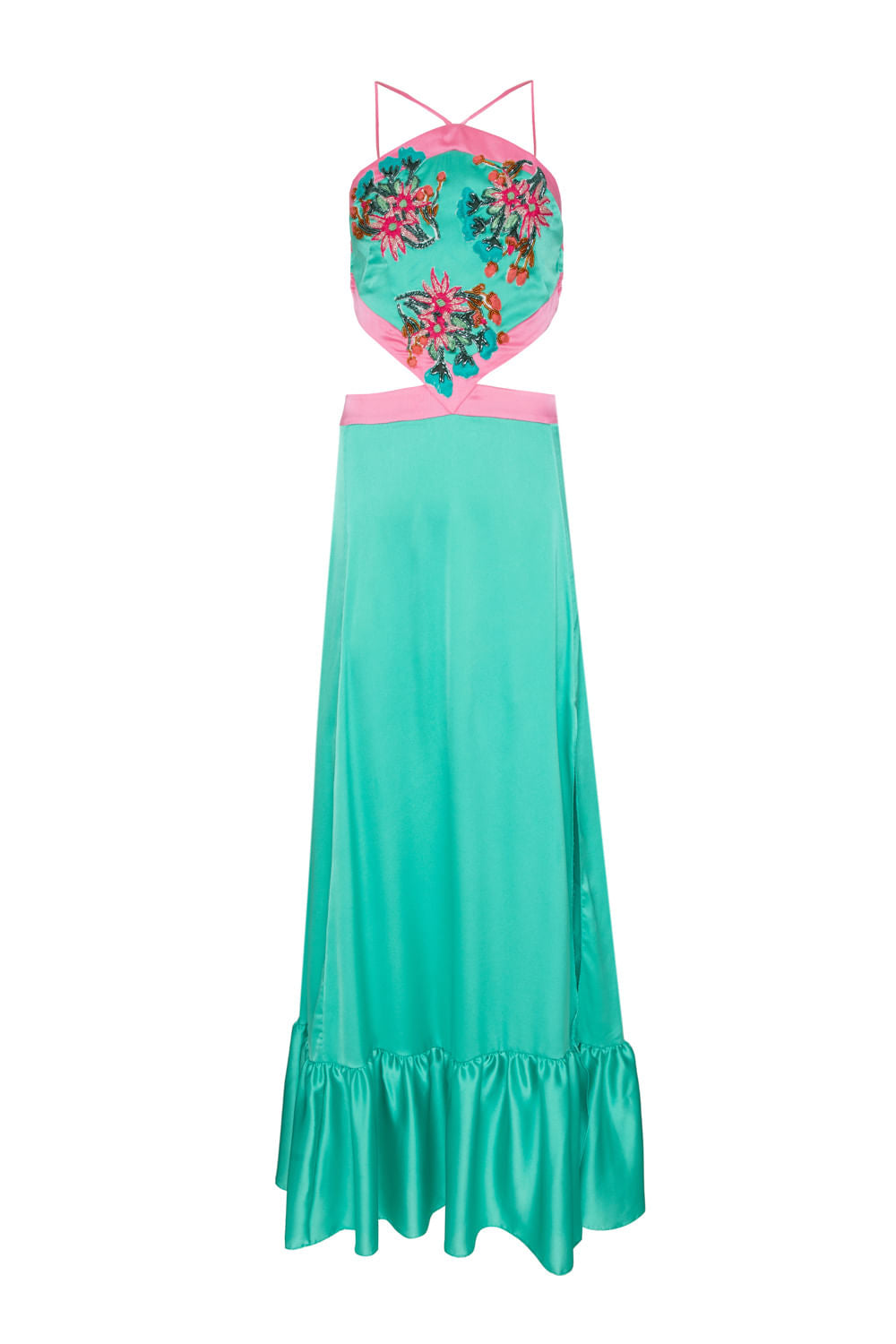 VESTIDO LONGO BORDADO CETIM SLIP AZUL