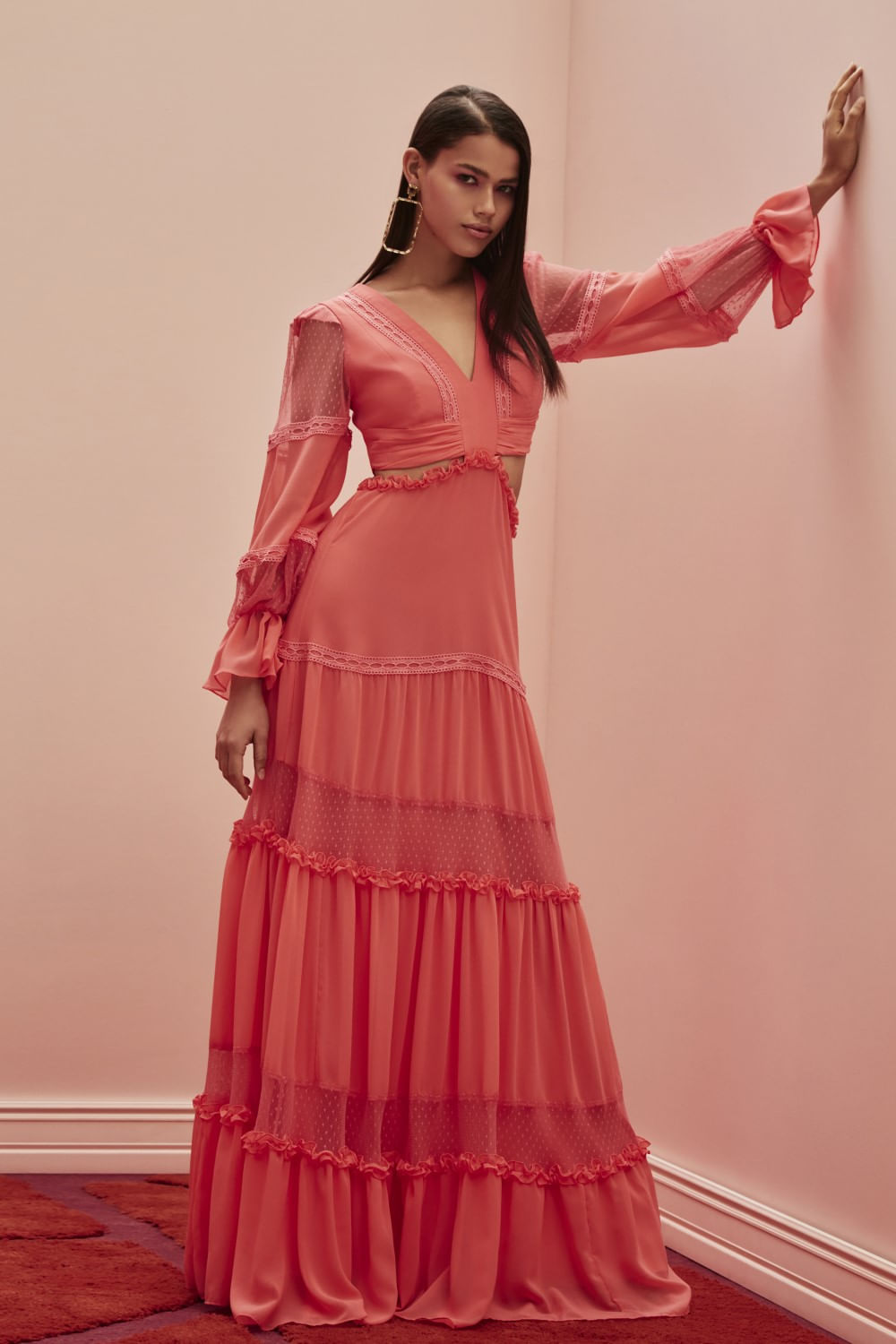 VESTIDO TULE POÁ CHIFFON BLOOMING CORAL