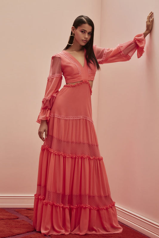 VESTIDO TULE POÁ CHIFFON BLOOMING CORAL