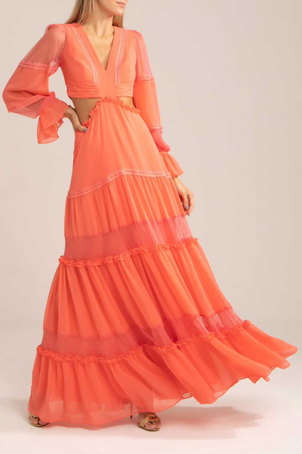 VESTIDO TULE POÁ CHIFFON BLOOMING CORAL