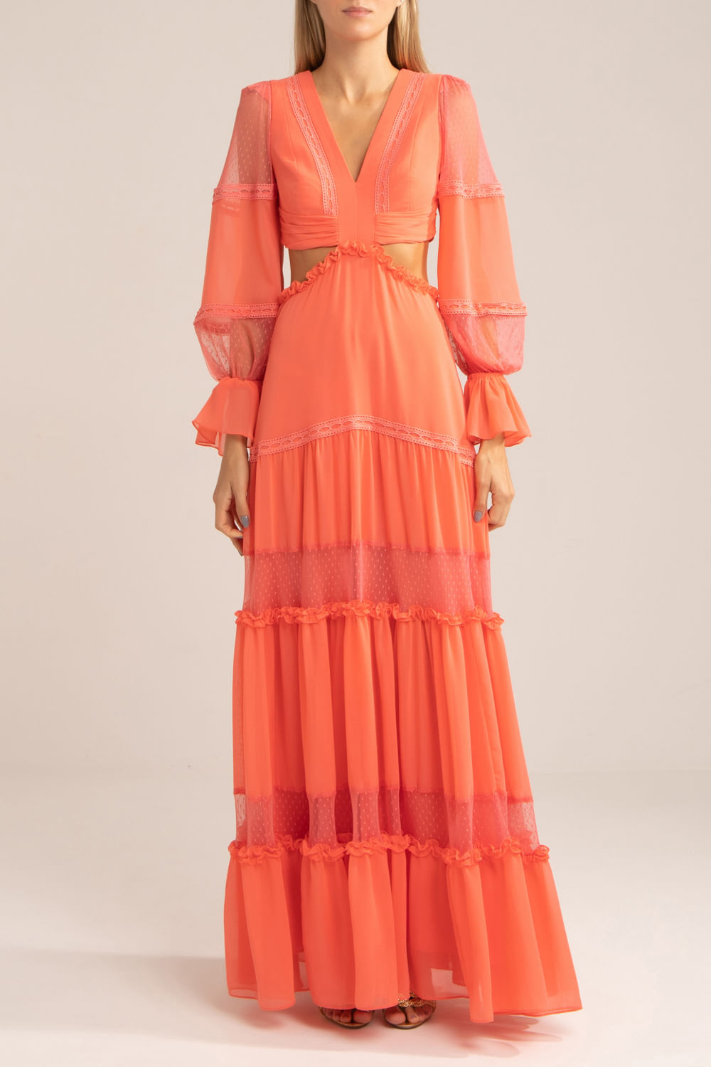 VESTIDO TULE POÁ CHIFFON BLOOMING CORAL
