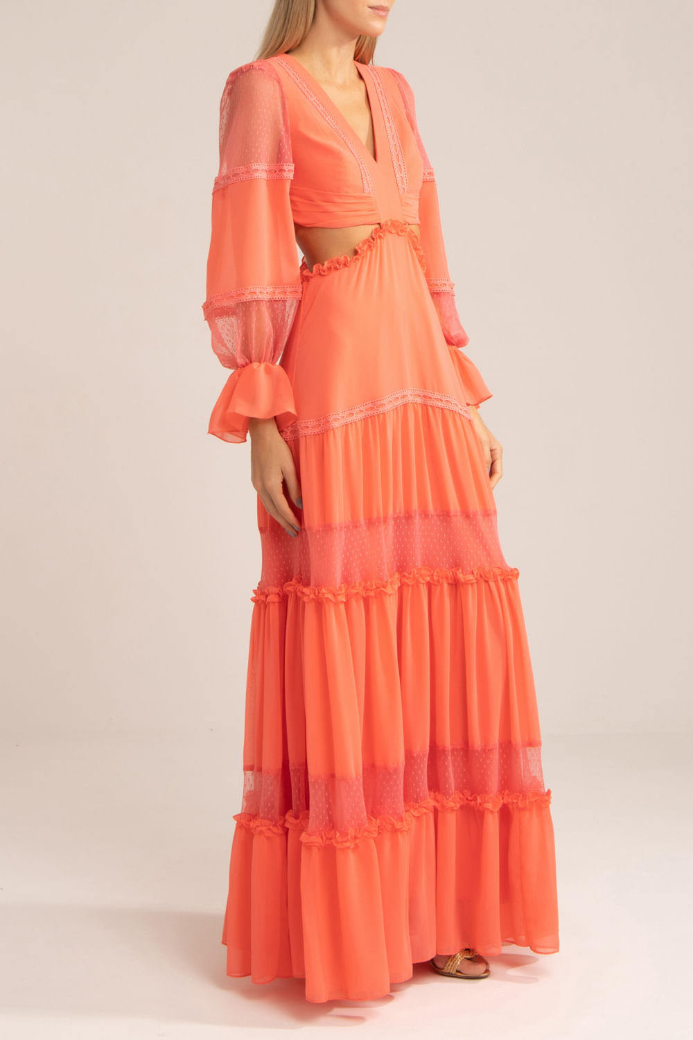 VESTIDO TULE POÁ CHIFFON BLOOMING CORAL