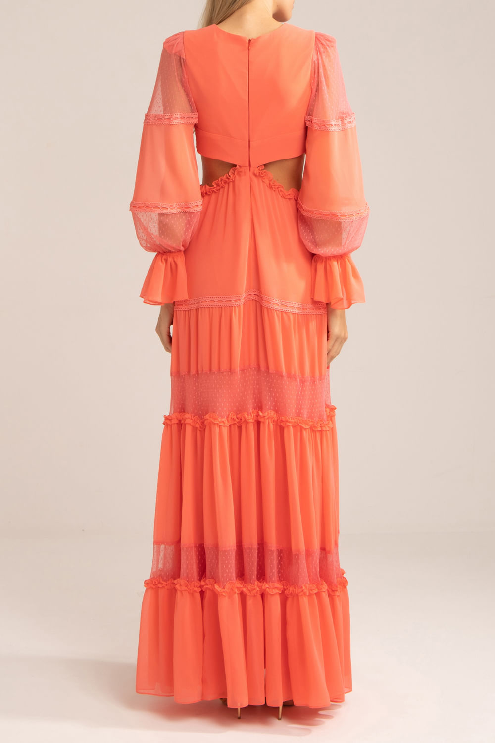 VESTIDO TULE POÁ CHIFFON BLOOMING CORAL