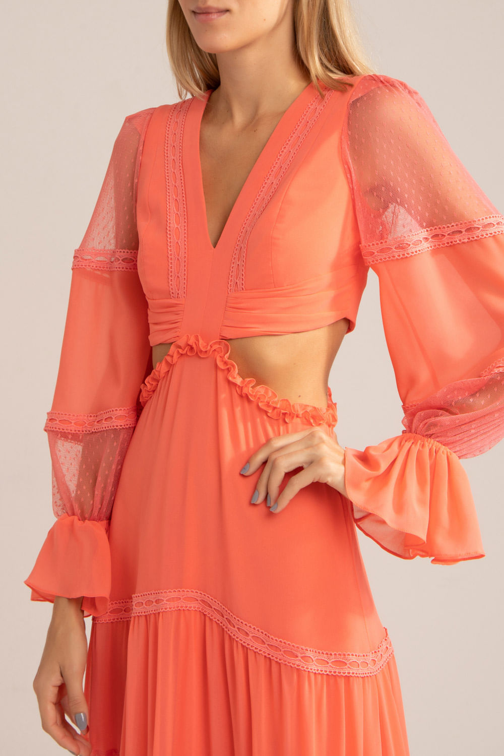 VESTIDO TULE POÁ CHIFFON BLOOMING CORAL