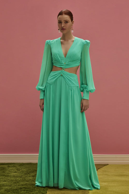 VESTIDO LONGO FERRAGEM CHIFFON BLOOMING AZUL