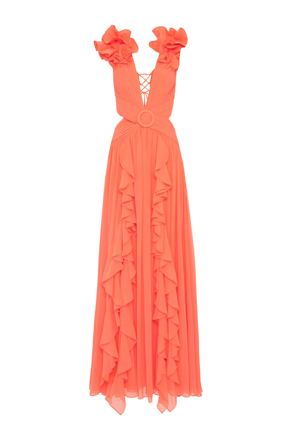 VESTIDO LONGO FERRAGEM CHIFFON BLOOMING CORAL