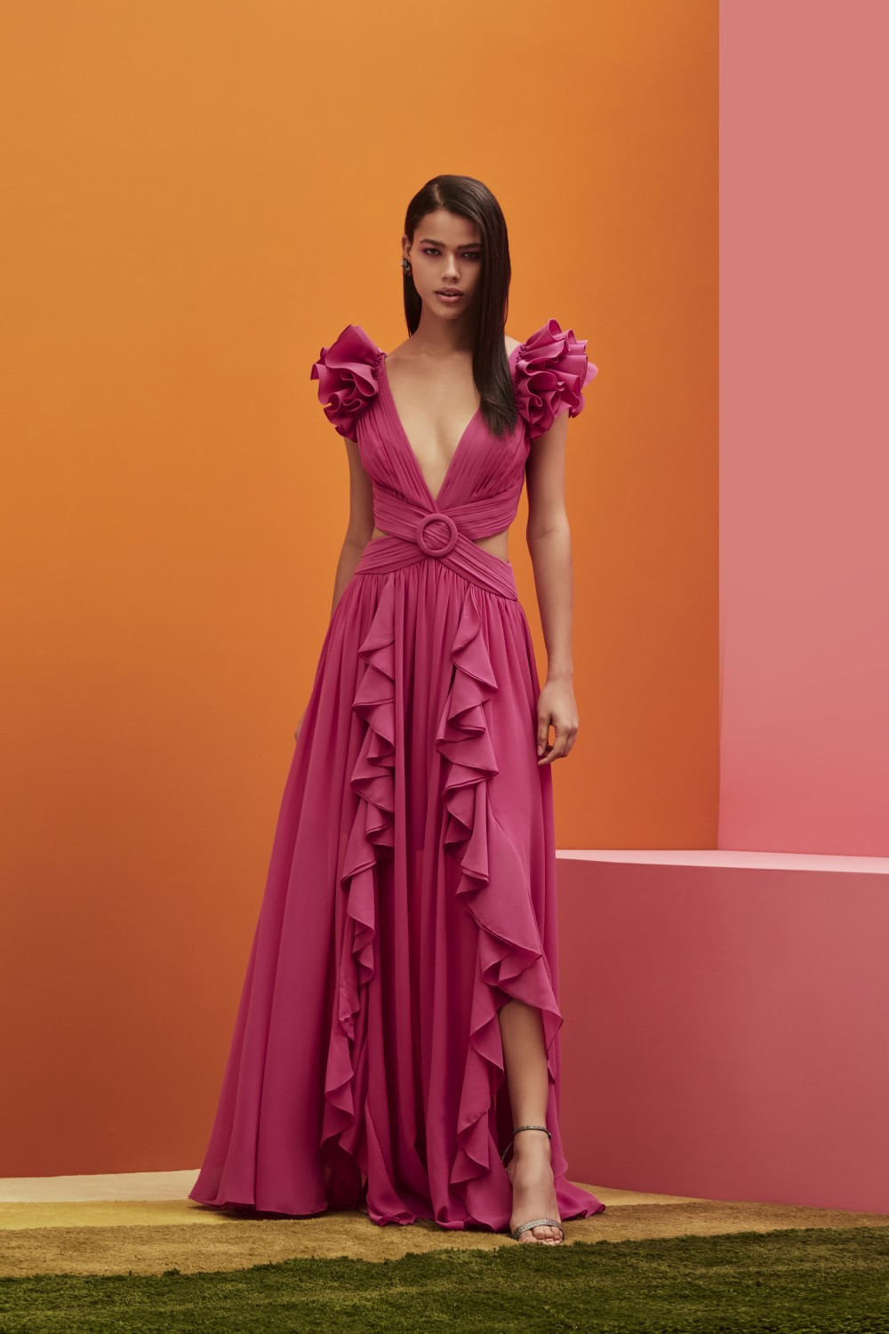 Vestido longo ferragem chiffon blooming pink