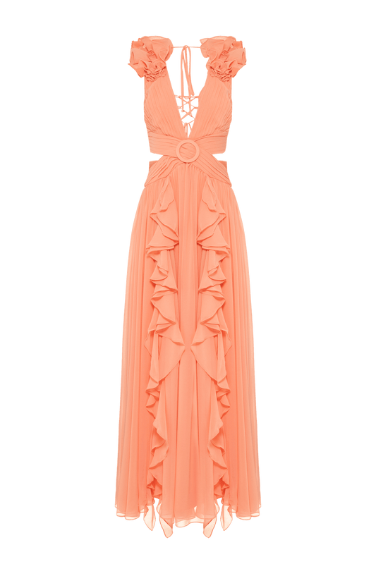 VESTIDO LONGO FERRAGEM CHIFFON BLOOMING MACARRON