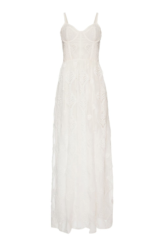Vestido longo corset bordado corações off white