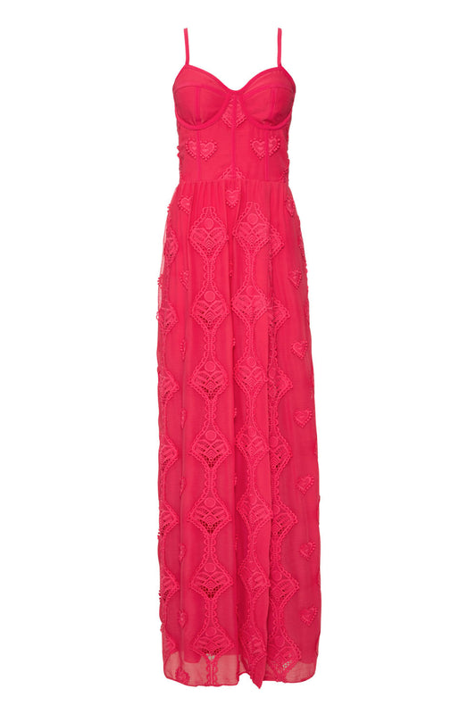 Vestido longo corset bordado corações pink