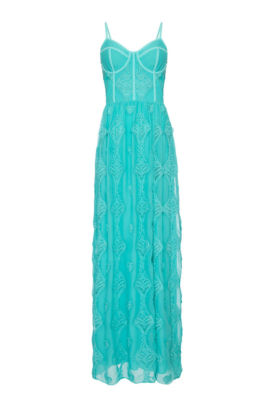 Vestido longo corset bordado corações azul