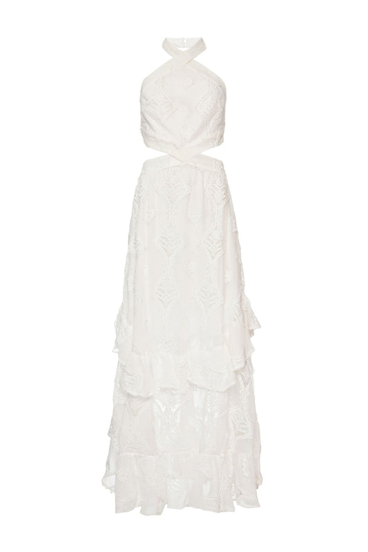 VESTIDO LONGO FRENTE ÚNICA BORDADO CORAÇÕES OFF WHITE