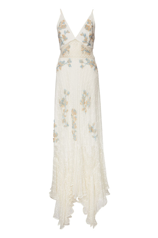 Vestido longo assimÃ©trico tela off white