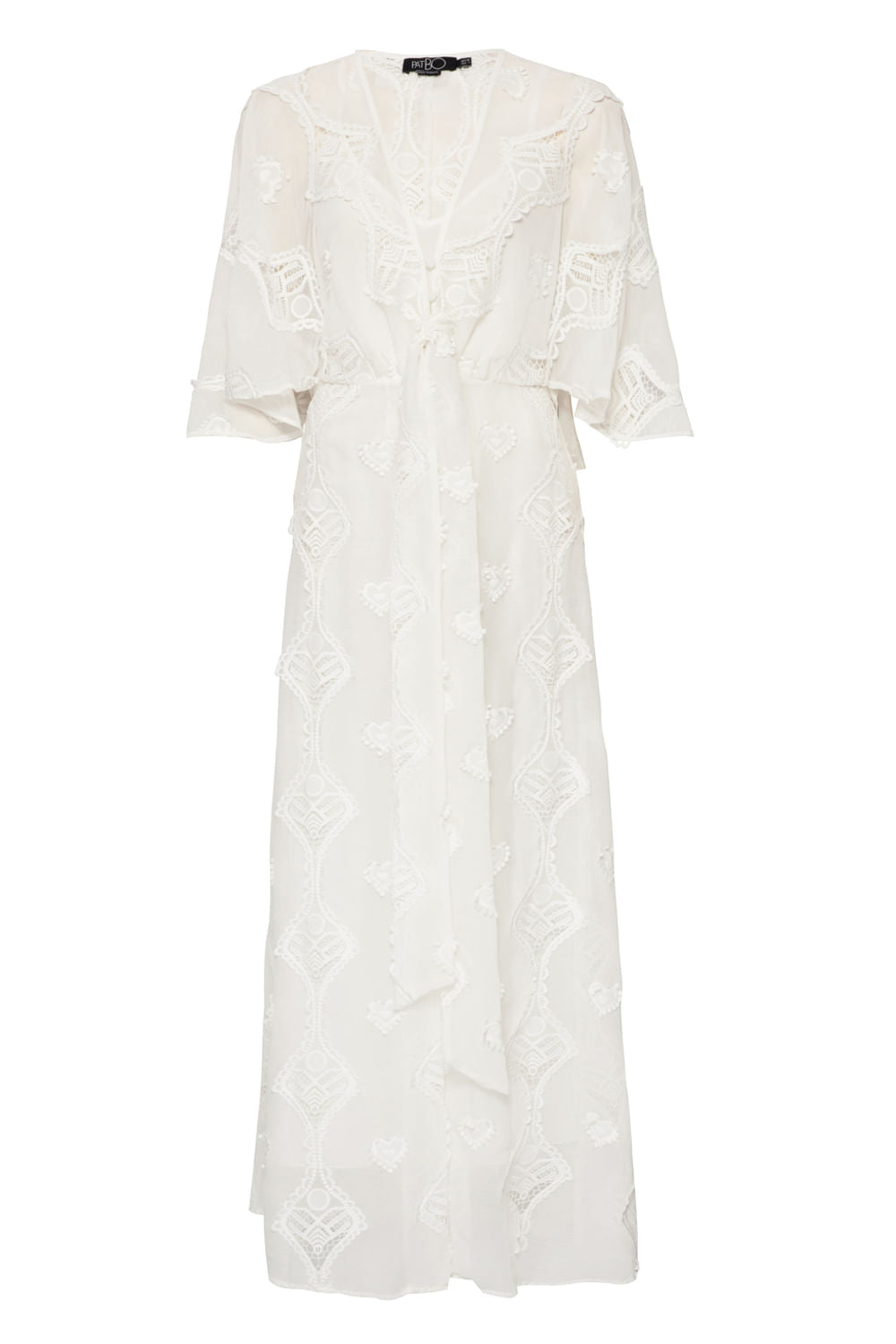 Vestido longo faixa bordado coraÃ§Ãµes off white