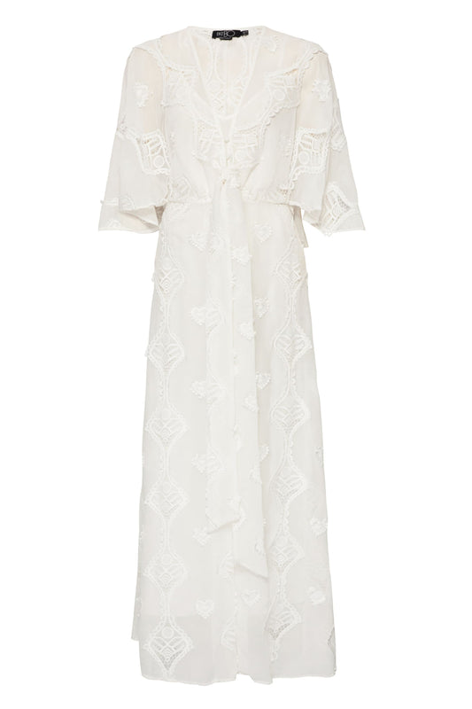 VESTIDO LONGO FAIXA BORDADO CORAÇÕES OFF WHITE
