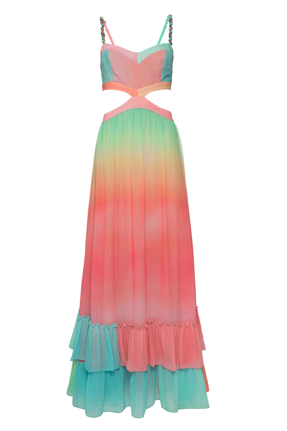 VESTIDO LONGO BABADO CANDY UNICORN CORAL
