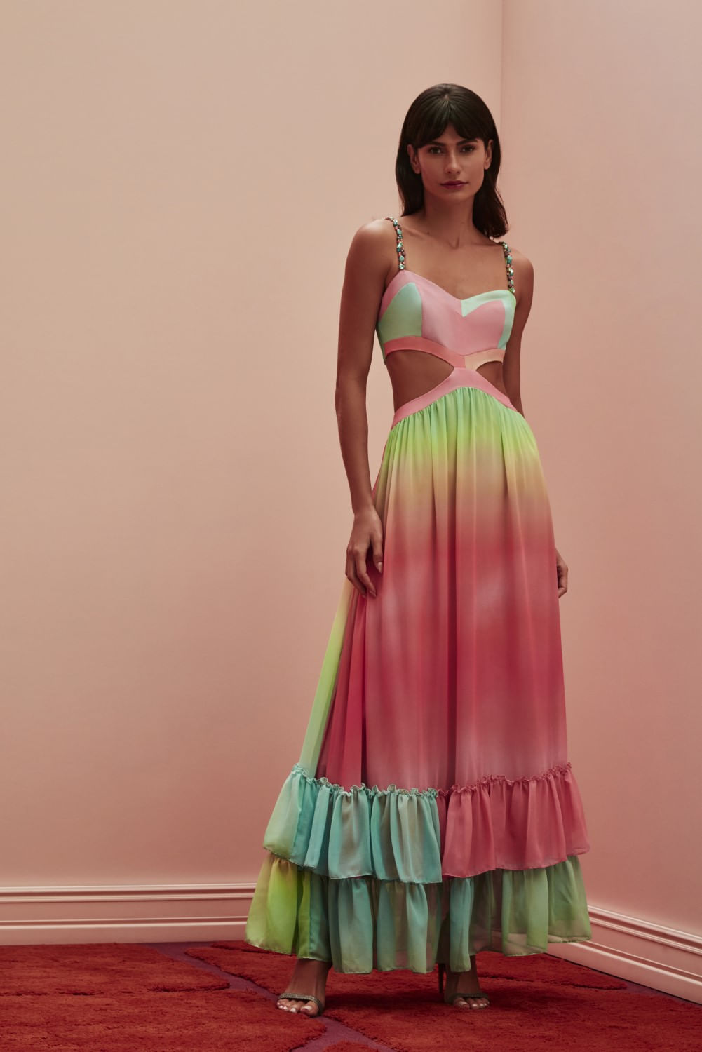 VESTIDO LONGO BABADO CANDY UNICORN CORAL