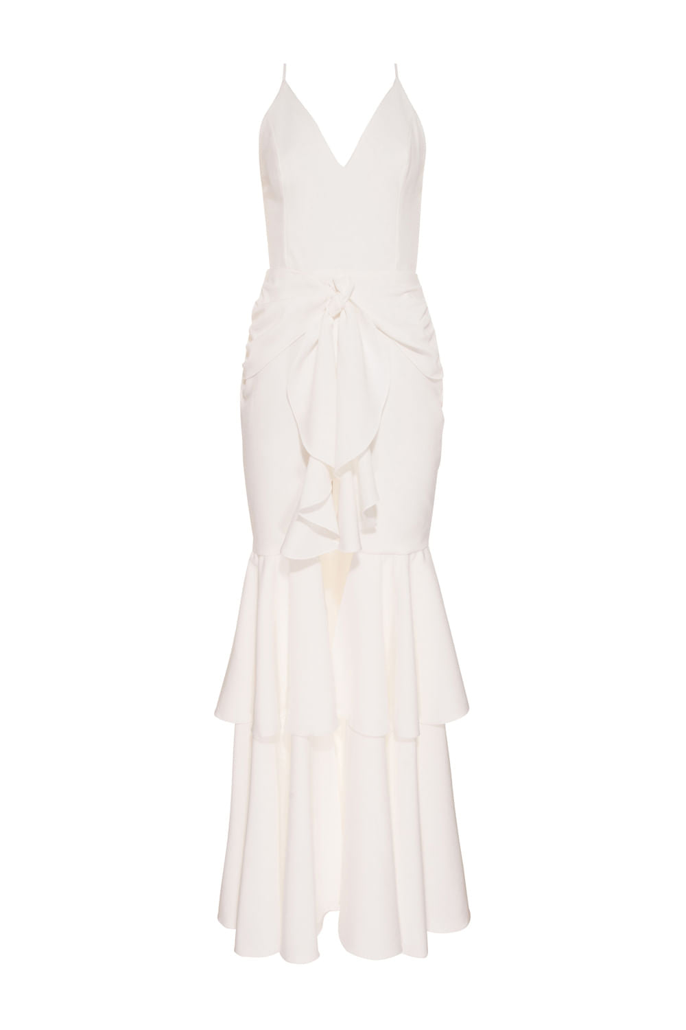 VESTIDO LONGO FENDA FRONTAL BABADO BRANCO