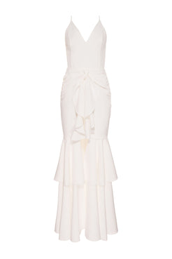 VESTIDO LONGO FENDA FRONTAL BABADO BRANCO