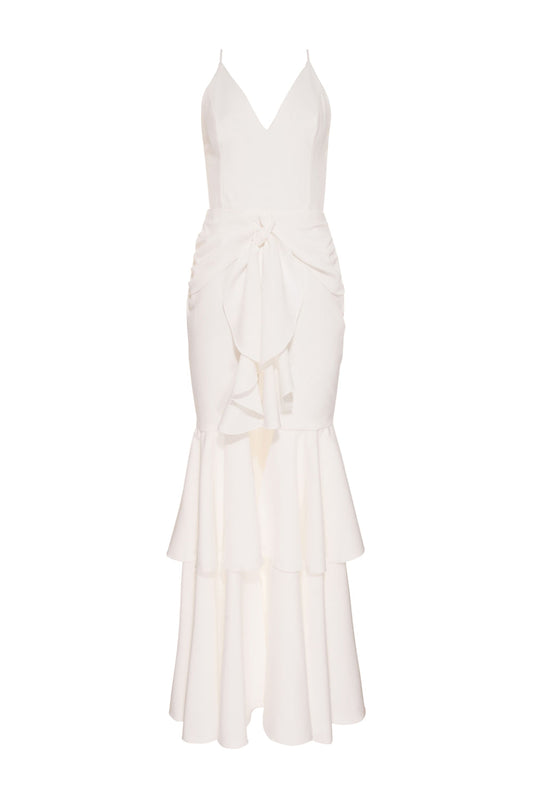 VESTIDO LONGO FENDA FRONTAL BABADO BRANCO