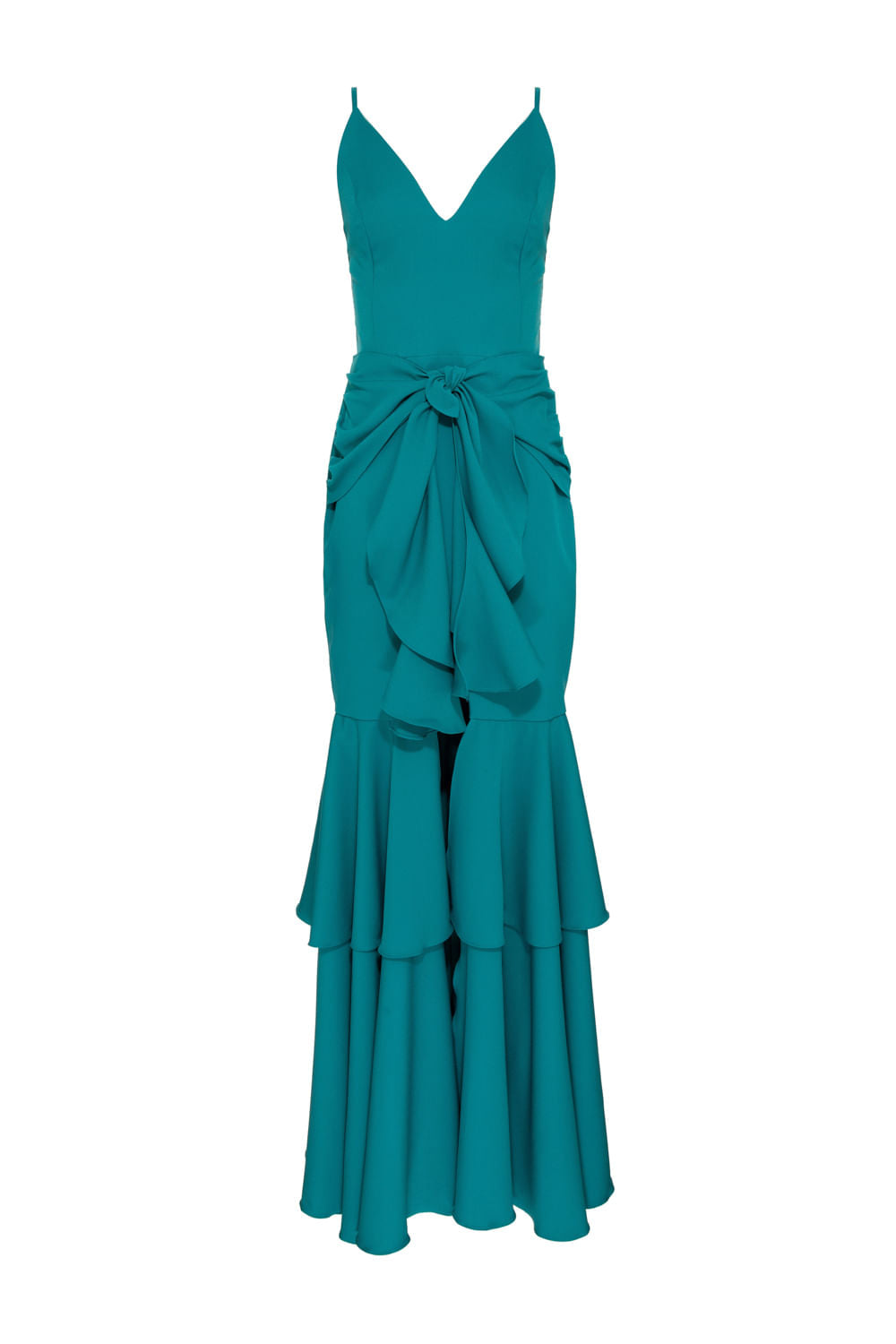 VESTIDO LONGO FENDA FRONTAL BABADO VERDE ESCURO