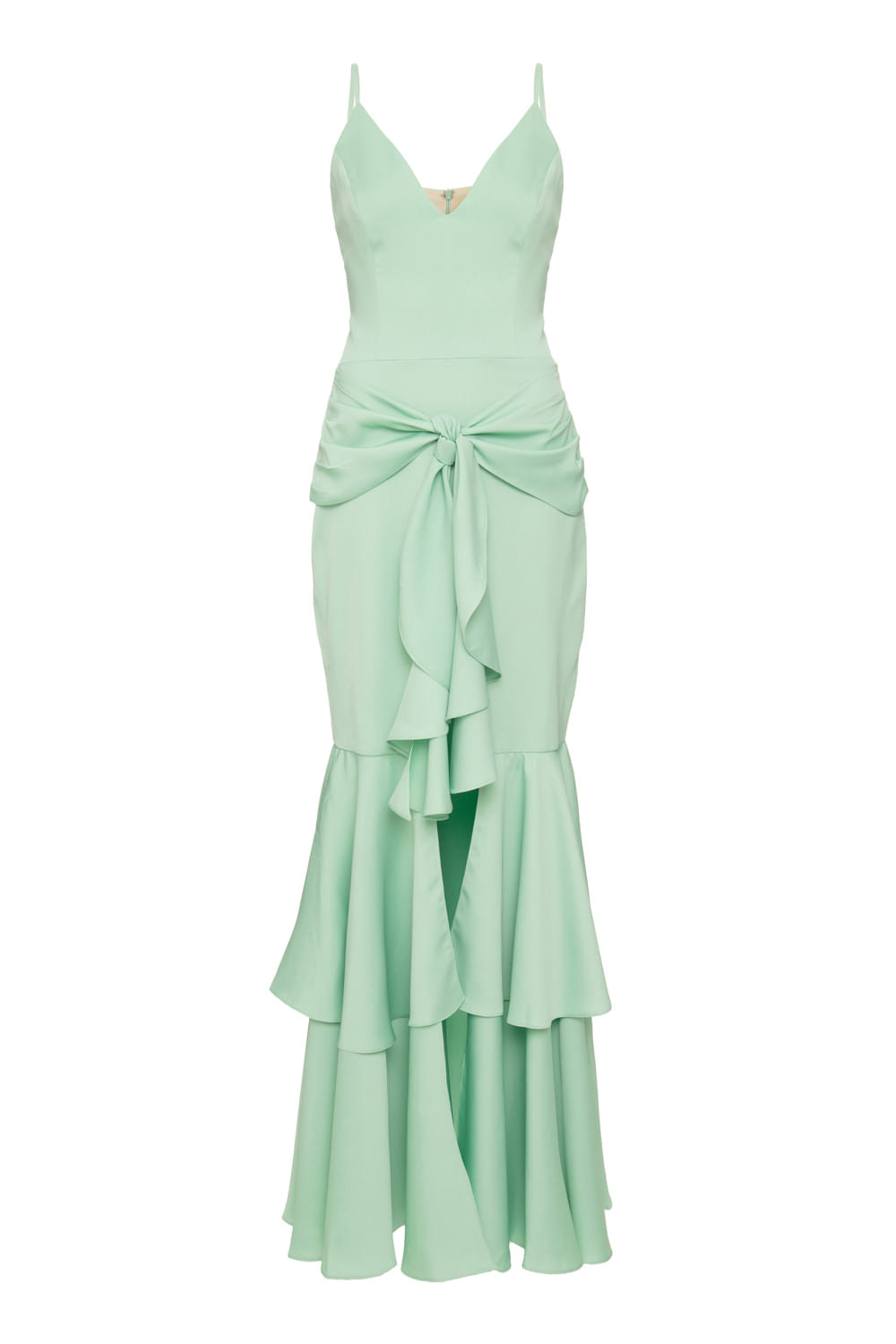 VESTIDO LONGO FENDA FRONTAL BABADO VERDE CLARO