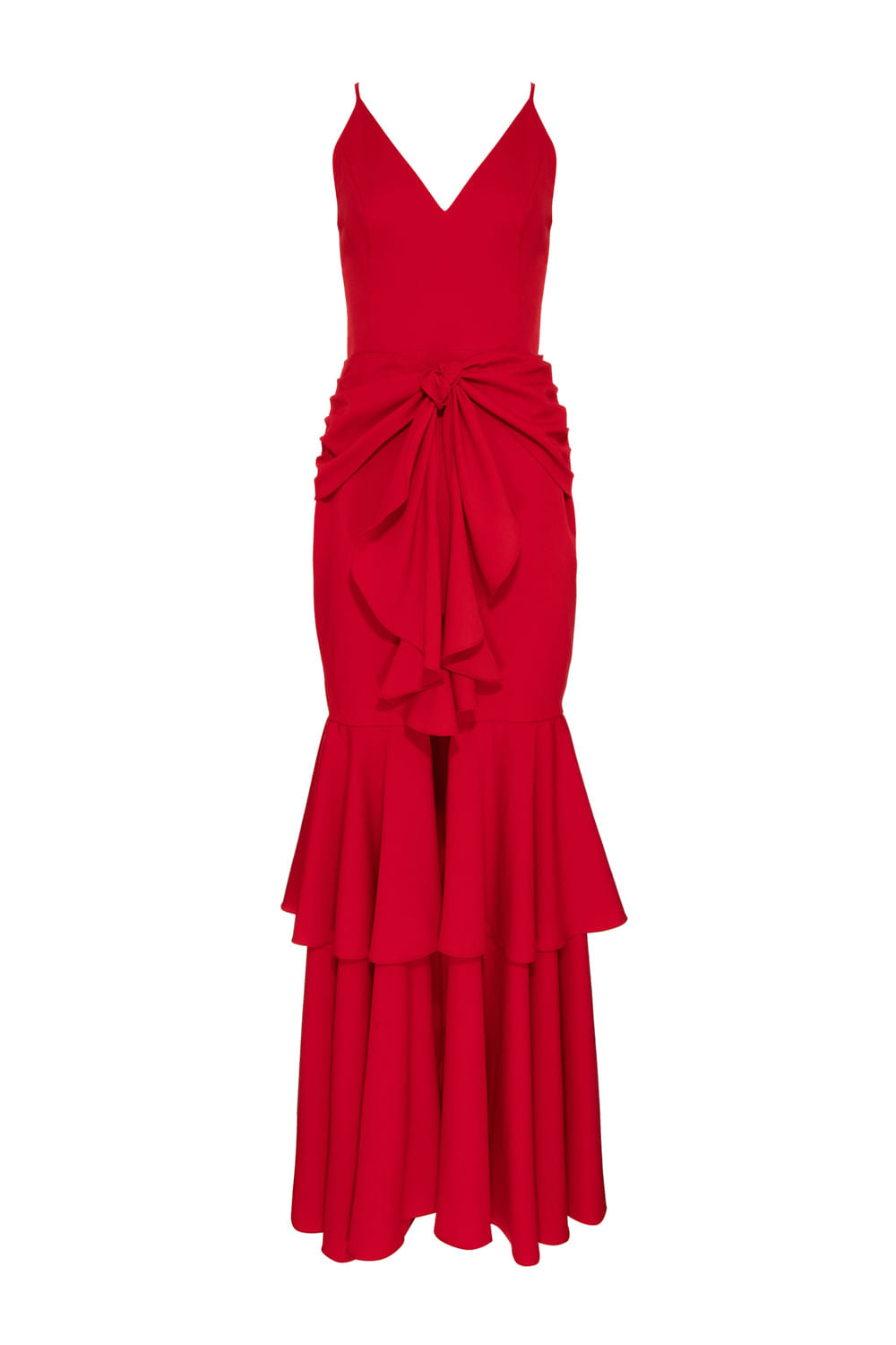 VESTIDO LONGO FENDA FRONTAL BABADO VERMELHO
