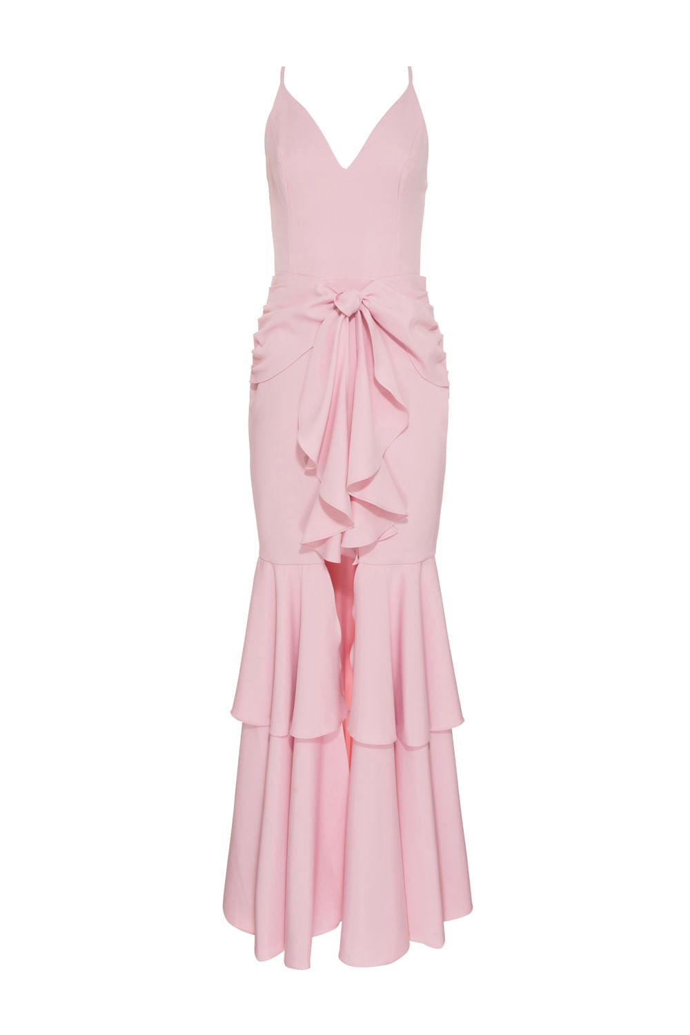 VESTIDO LONGO FENDA FRONTAL BABADO ROSA