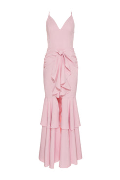 VESTIDO LONGO FENDA FRONTAL BABADO ROSA