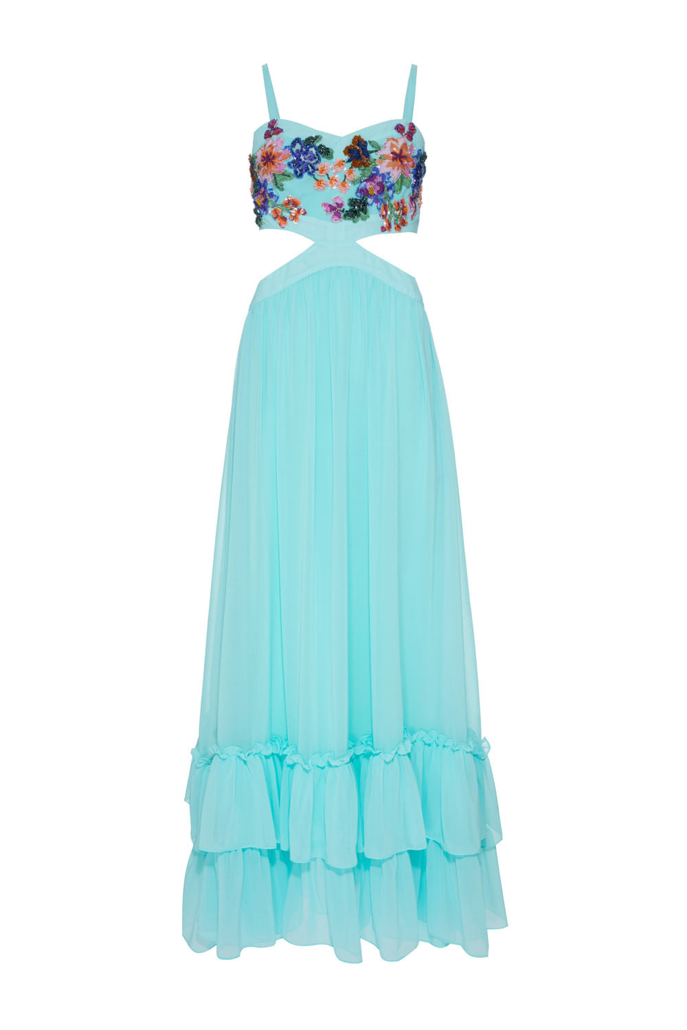 VESTIDO LONGO BORDADO CHIFFON BLOOMING TIFFANY