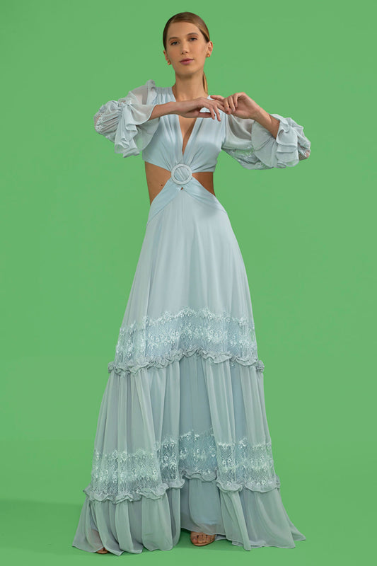 VESTIDO LONGO BABADO CHIFFON BLOOMING AZUL