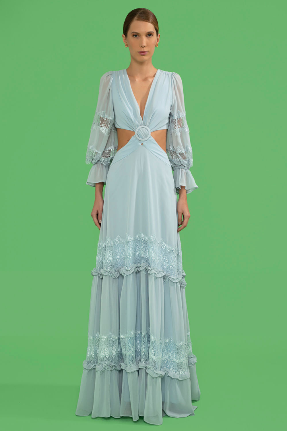 VESTIDO LONGO BABADO CHIFFON BLOOMING AZUL