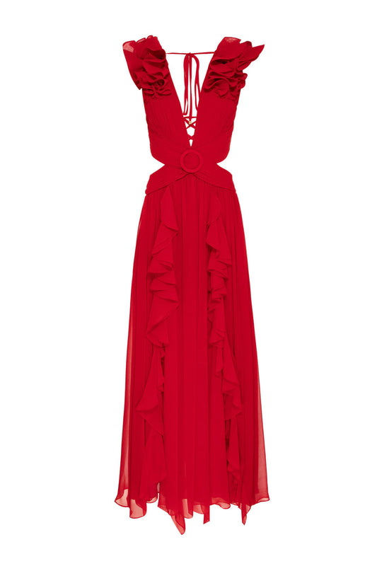VESTIDO LONGO ALÇA BABADO VERMELHO